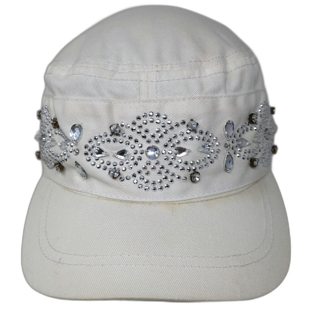 Scala Pronto White Army Cap One Size Rhinestone Beaded Cotton Embellished Hat